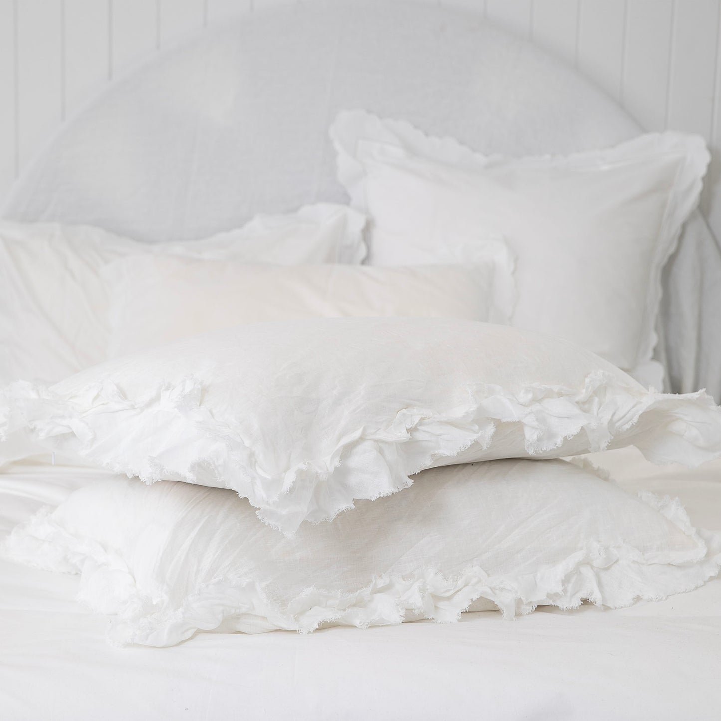 Isle Ruffled White Linen Lumbar Cushion