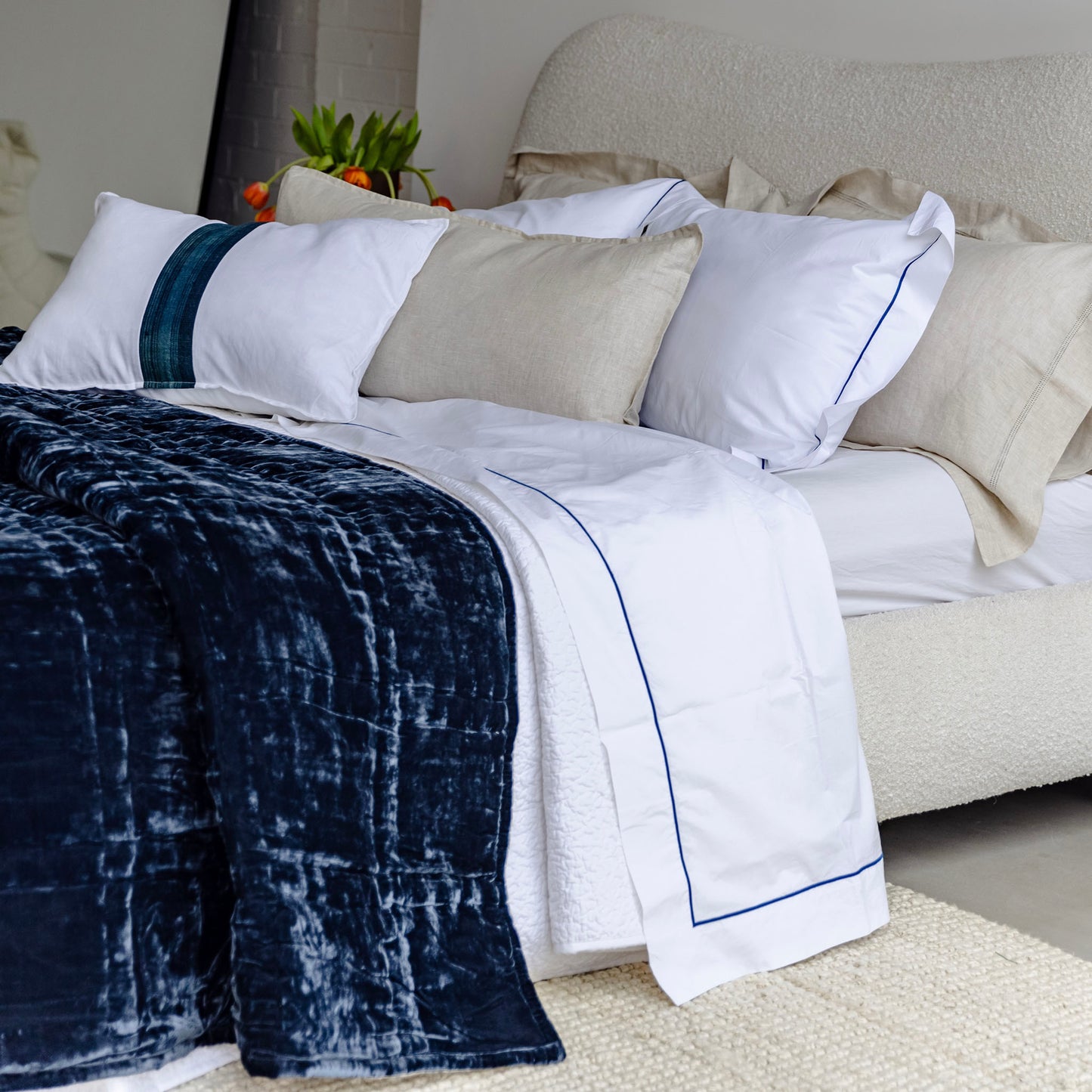 Grace Navy Embroidered 250TC Cotton Sheet Sets