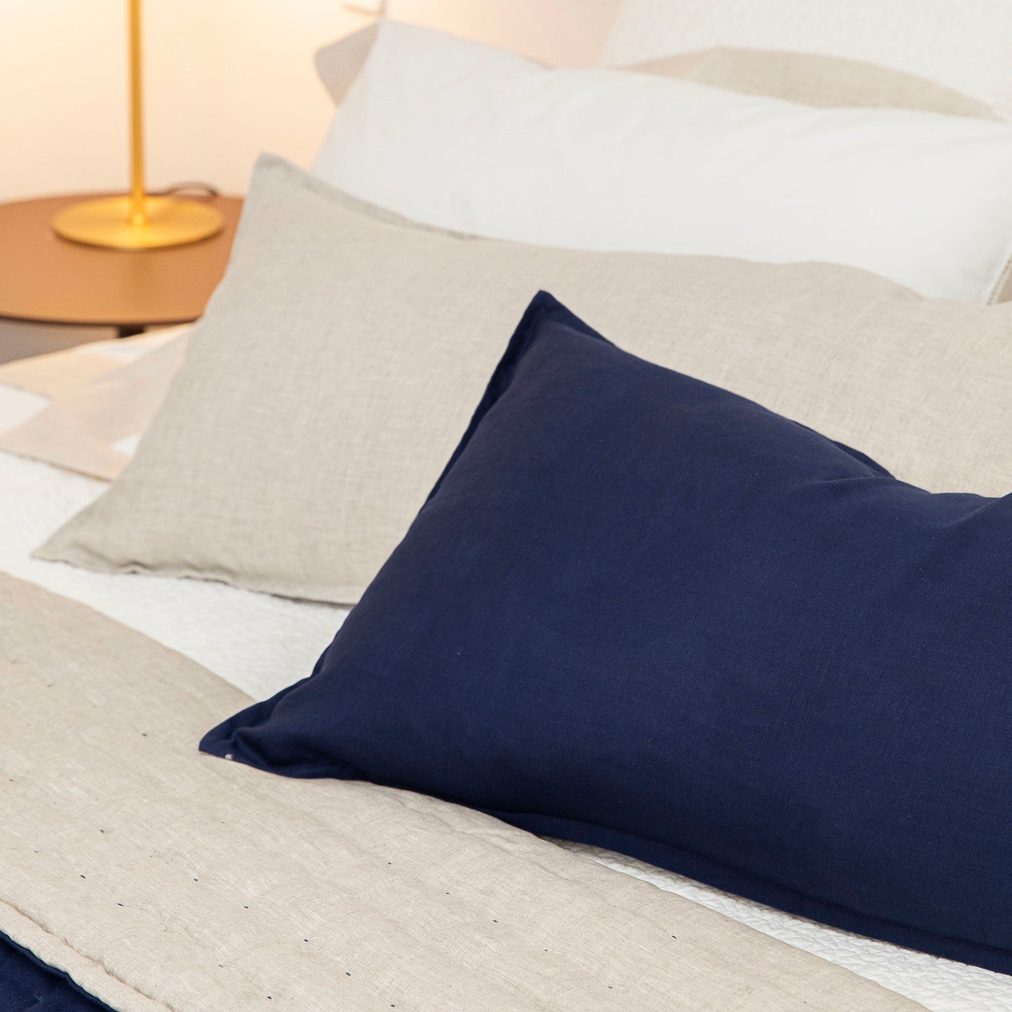 Long Navy Linen Lumbar Cushion