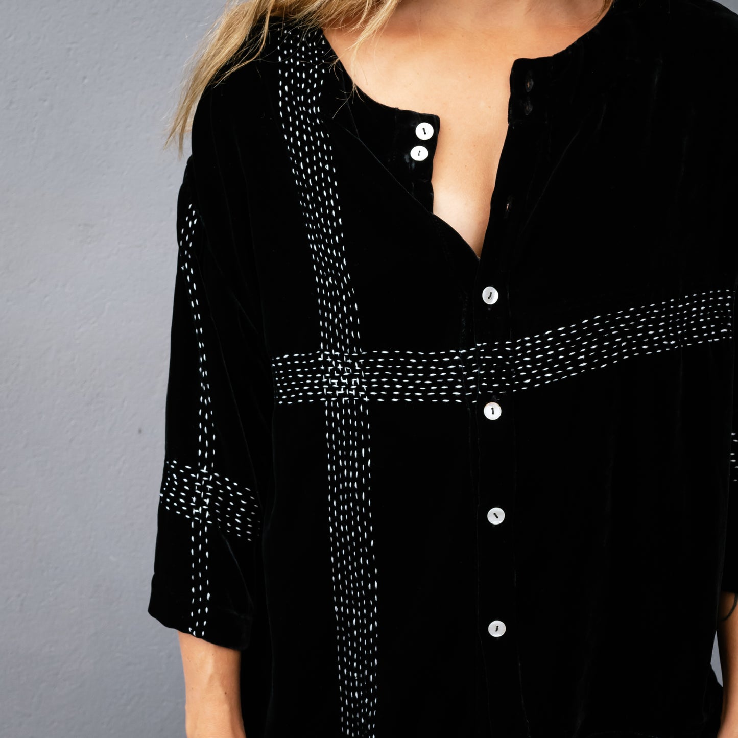 Audrey Handstitched Black Silk Velvet Top