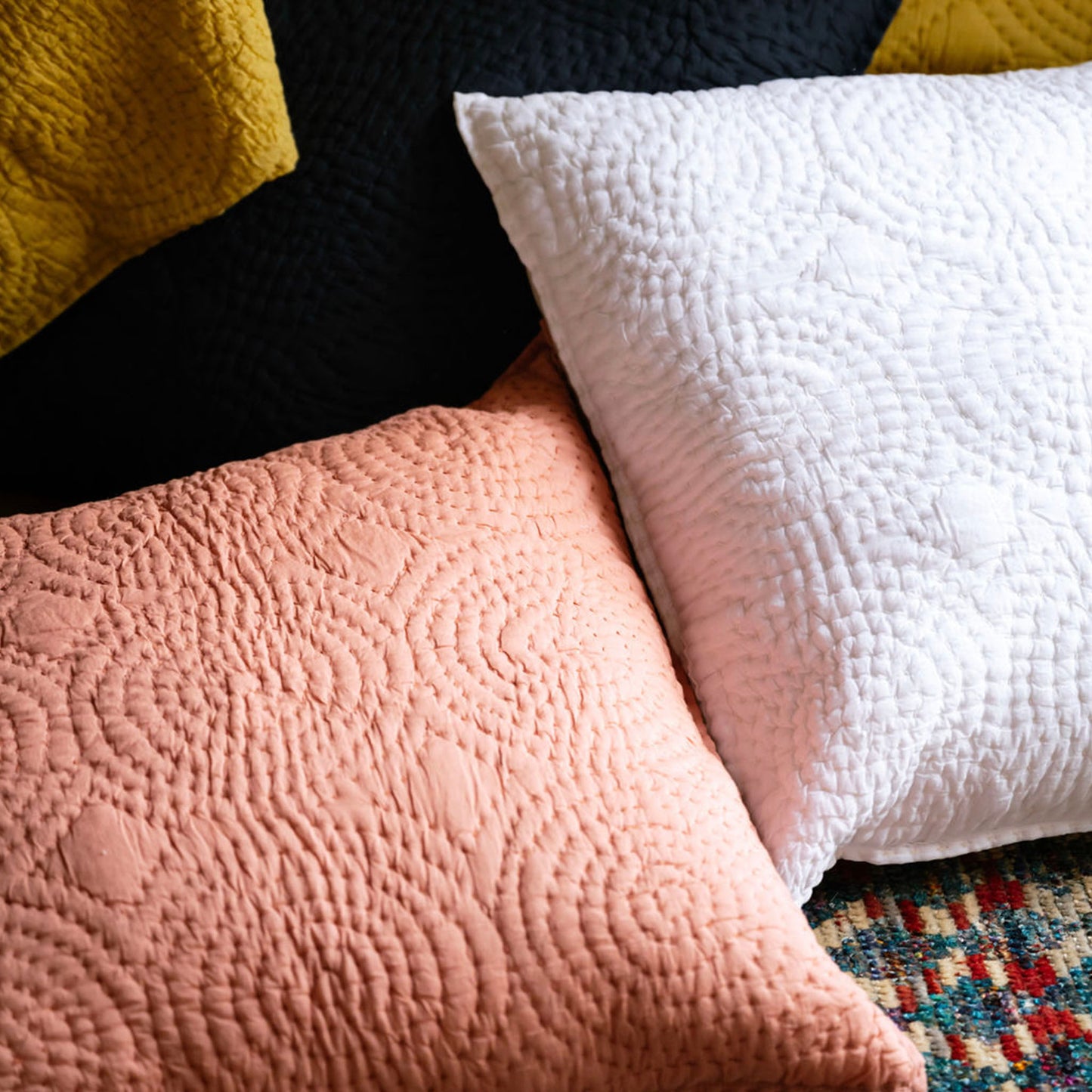 Haven White Cotton Kantha Stitch Euro Cover