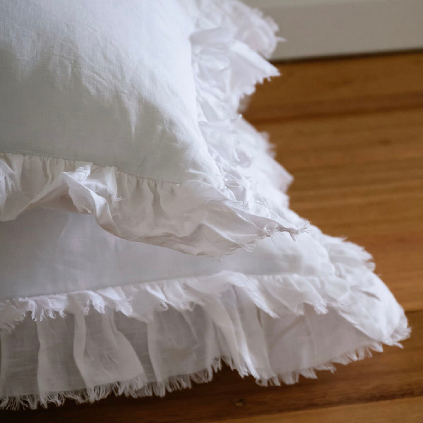 Ruche Ruffled White Linen Euro Covers