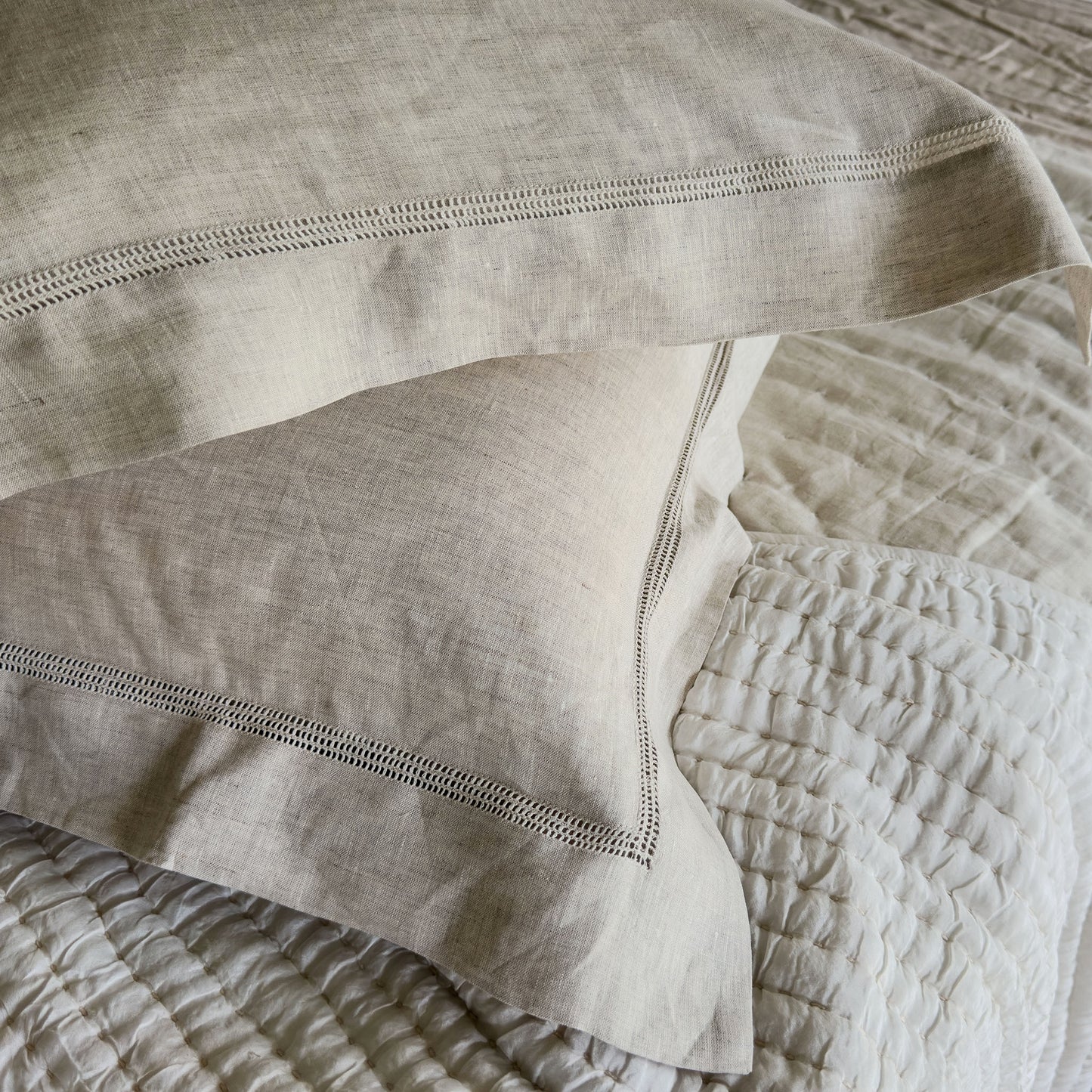 Bask Hemstitched Natural Linen Euro Covers
