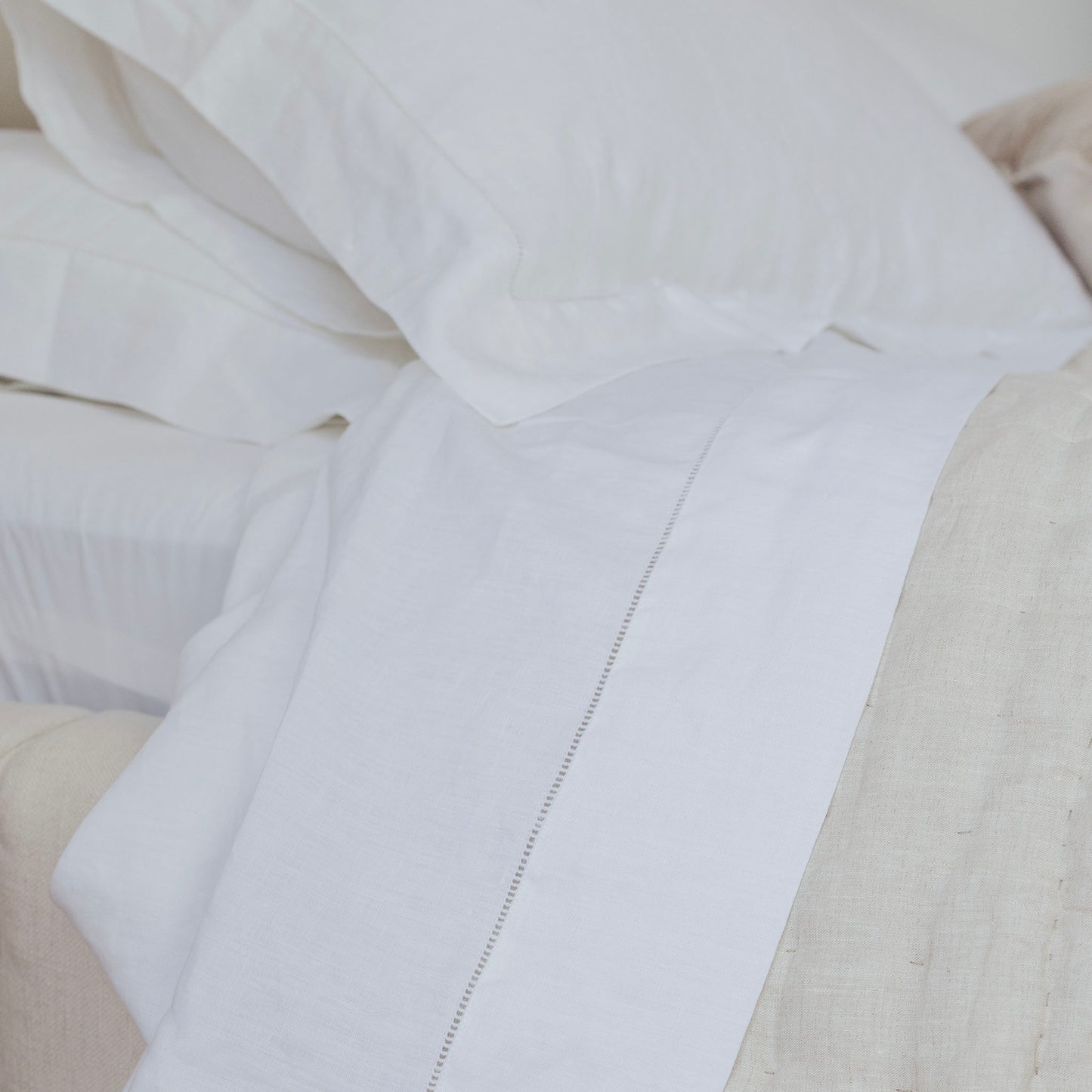 Bask Hemstitched White Linen Sheet Set