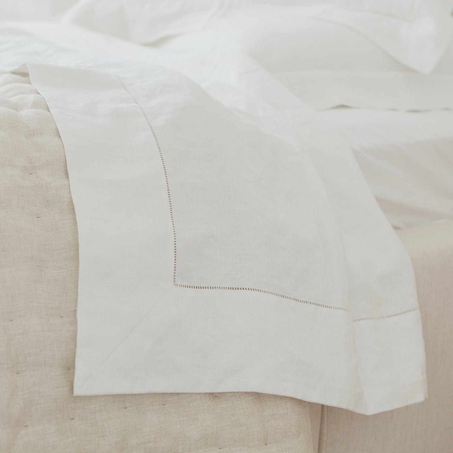 Bask Hemstitched White Linen Sheet Set