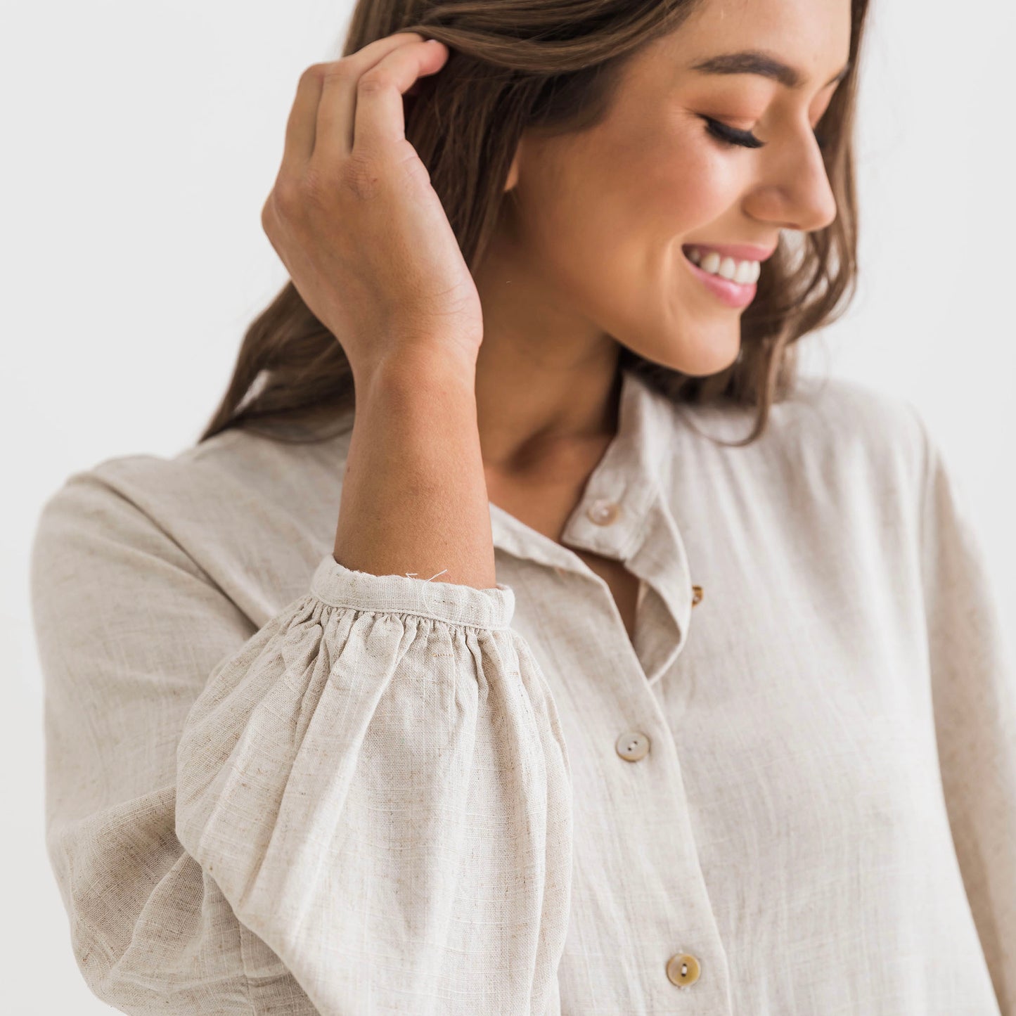 Isabella Balloon Sleeve Natural Linen Dress