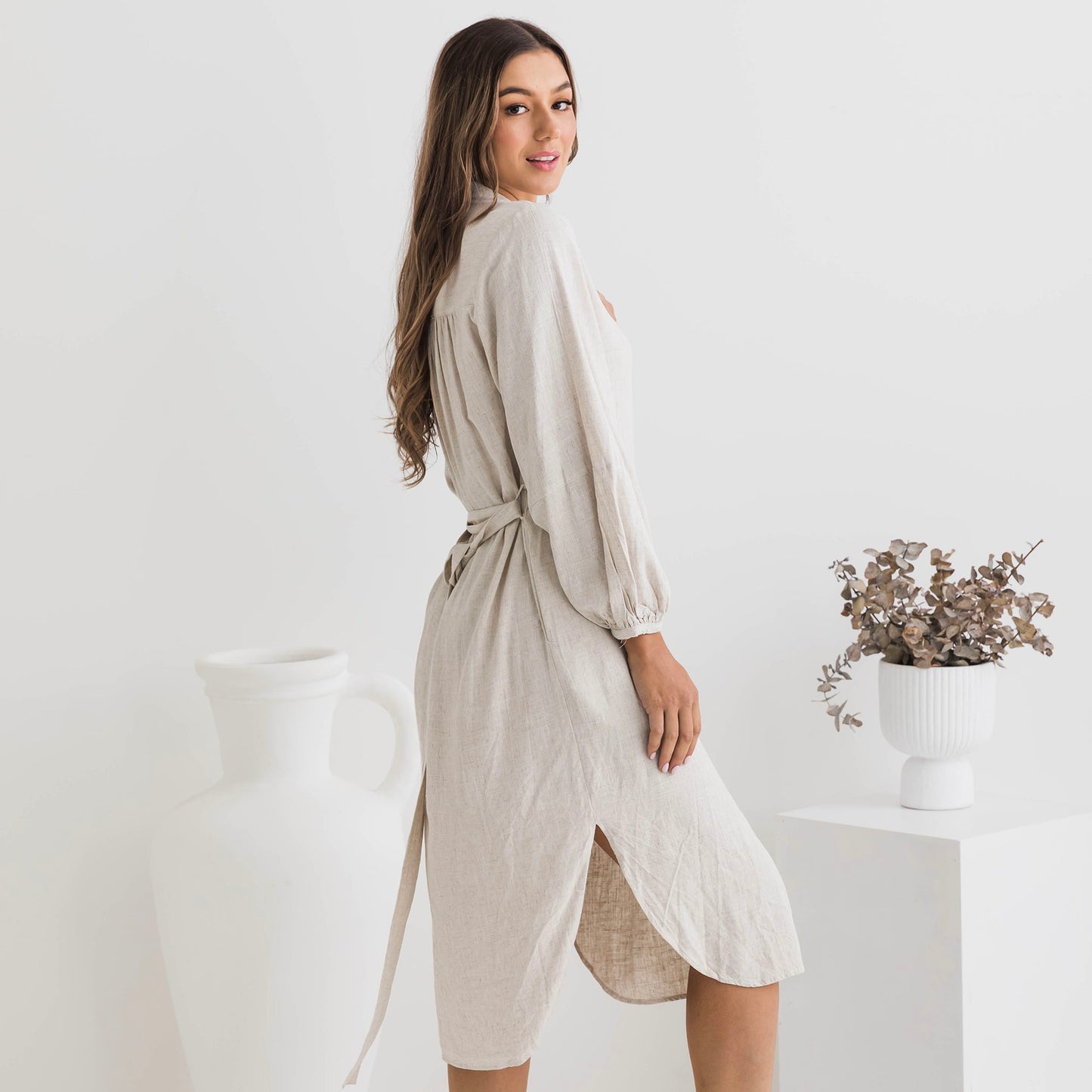 Isabella Balloon Sleeve Natural Linen Dress