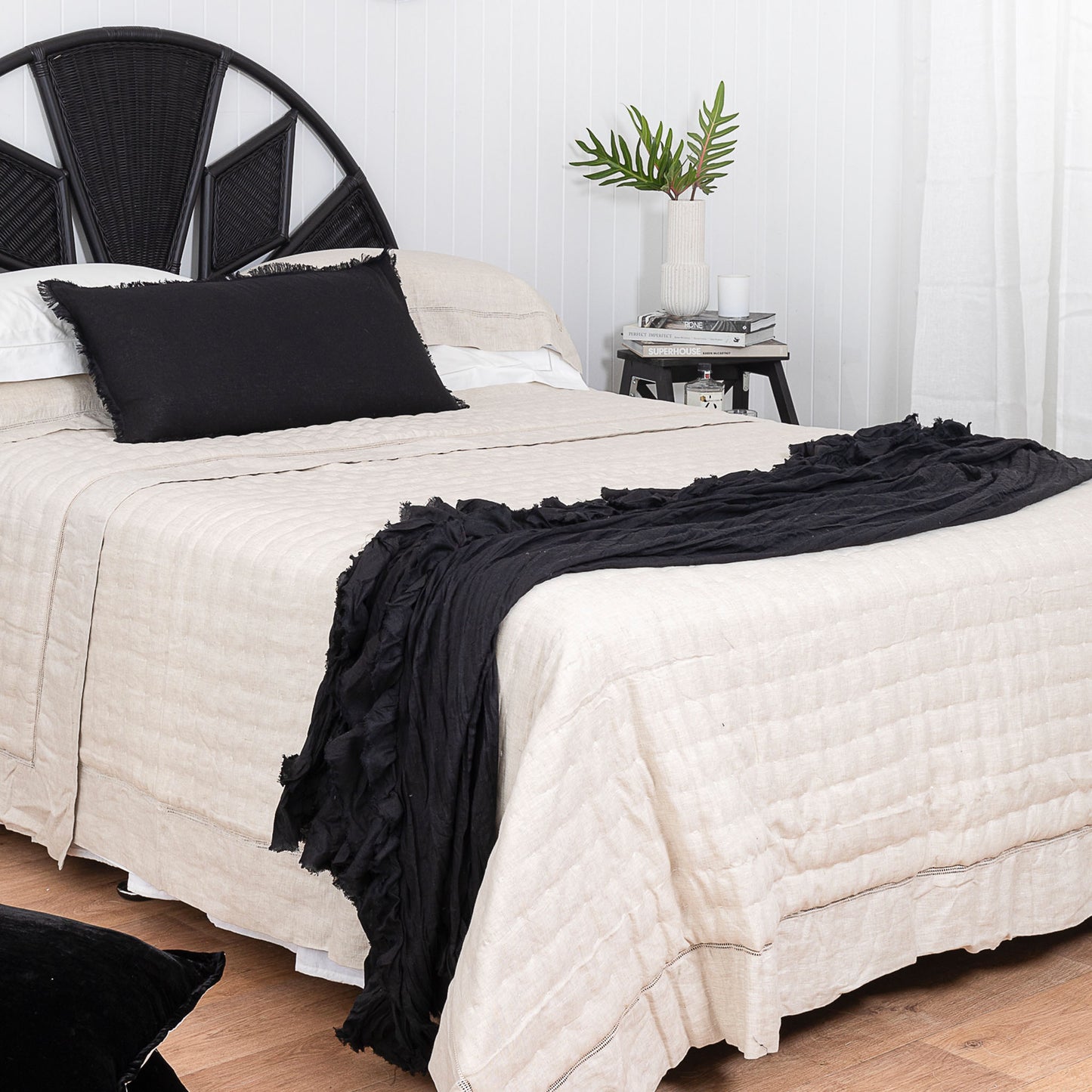 Long Frayed Black Linen Lumbar Cushion