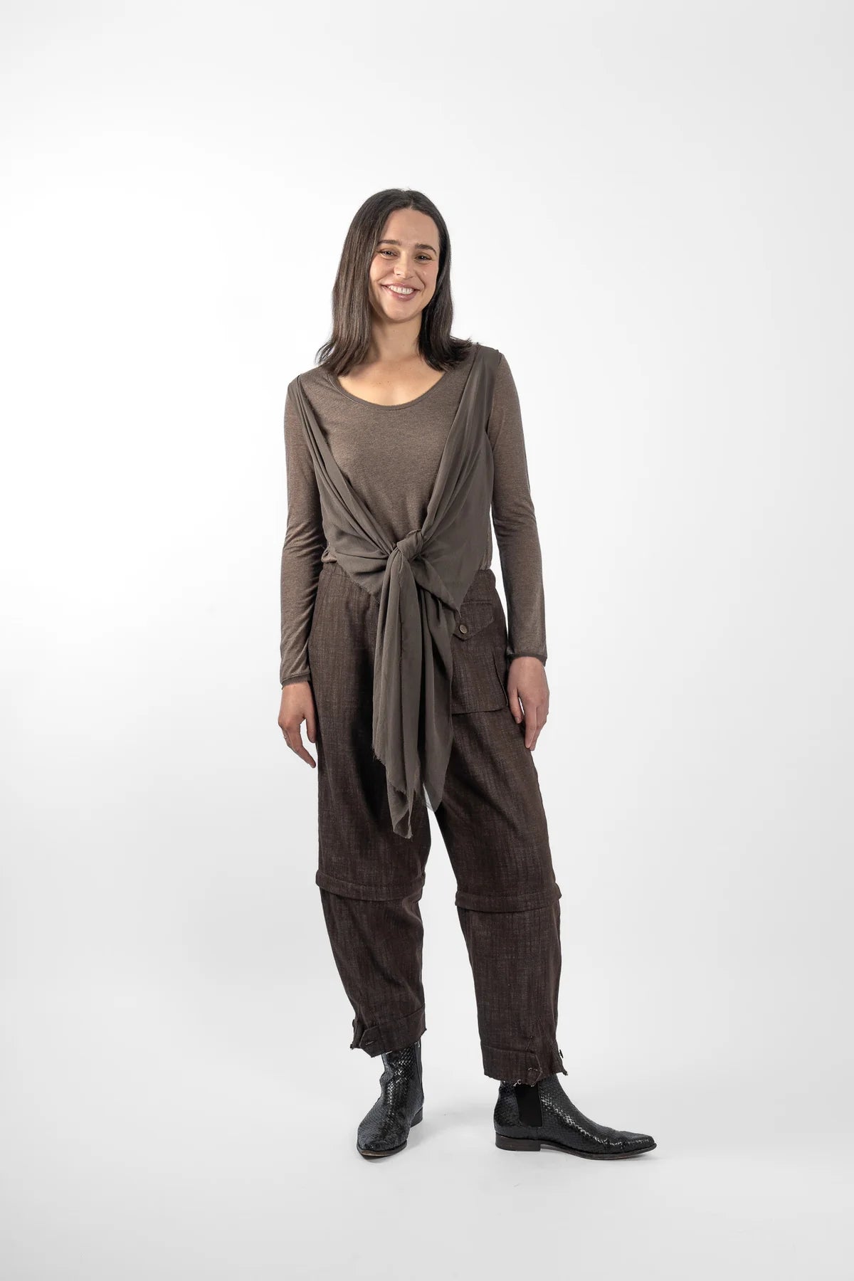 M.A. Dainty Twisted Chocolate Mousse Silk Top
