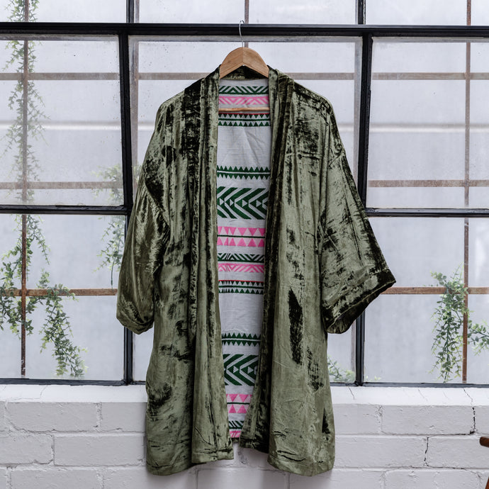 Mia Silk Velvet Kimono Jacket - Olive