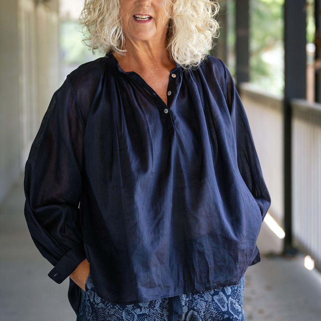 Mila Navy Linen Silk Smock Top