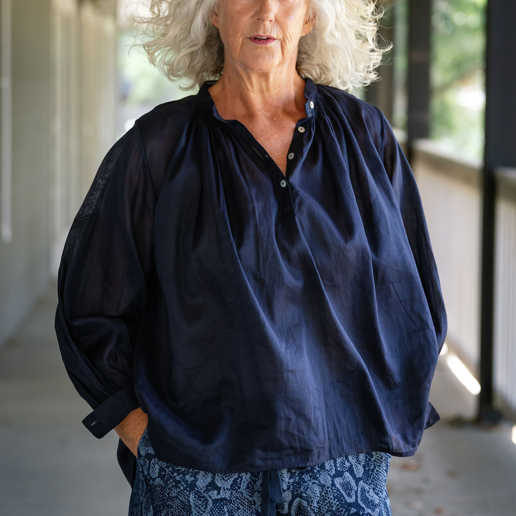 Mila Navy Linen Silk Smock Top