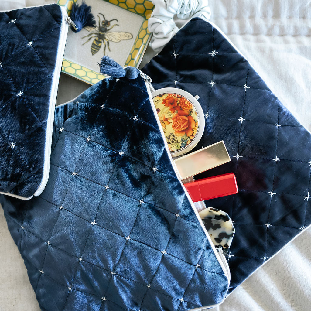 Oxford Blue Silk Velvet Pouches