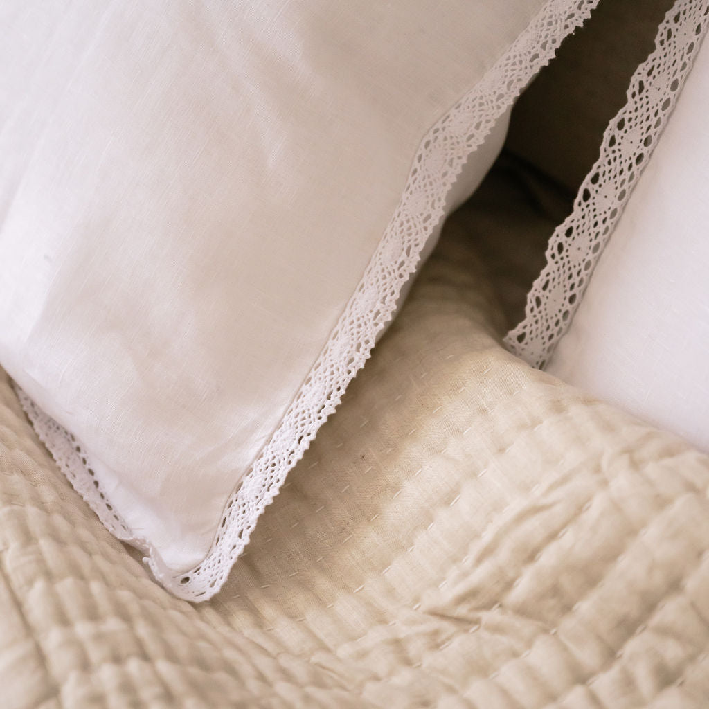 Whisper White Linen Lace Trim Pillowcases