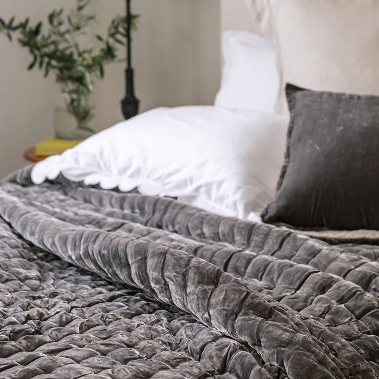 Allure Pewter Grey Silk Velvet Quilt