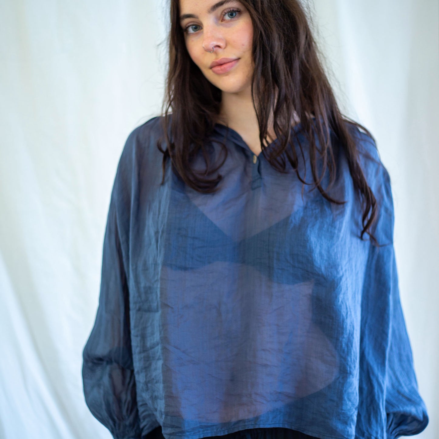 Mila Navy Linen Silk Smock Top
