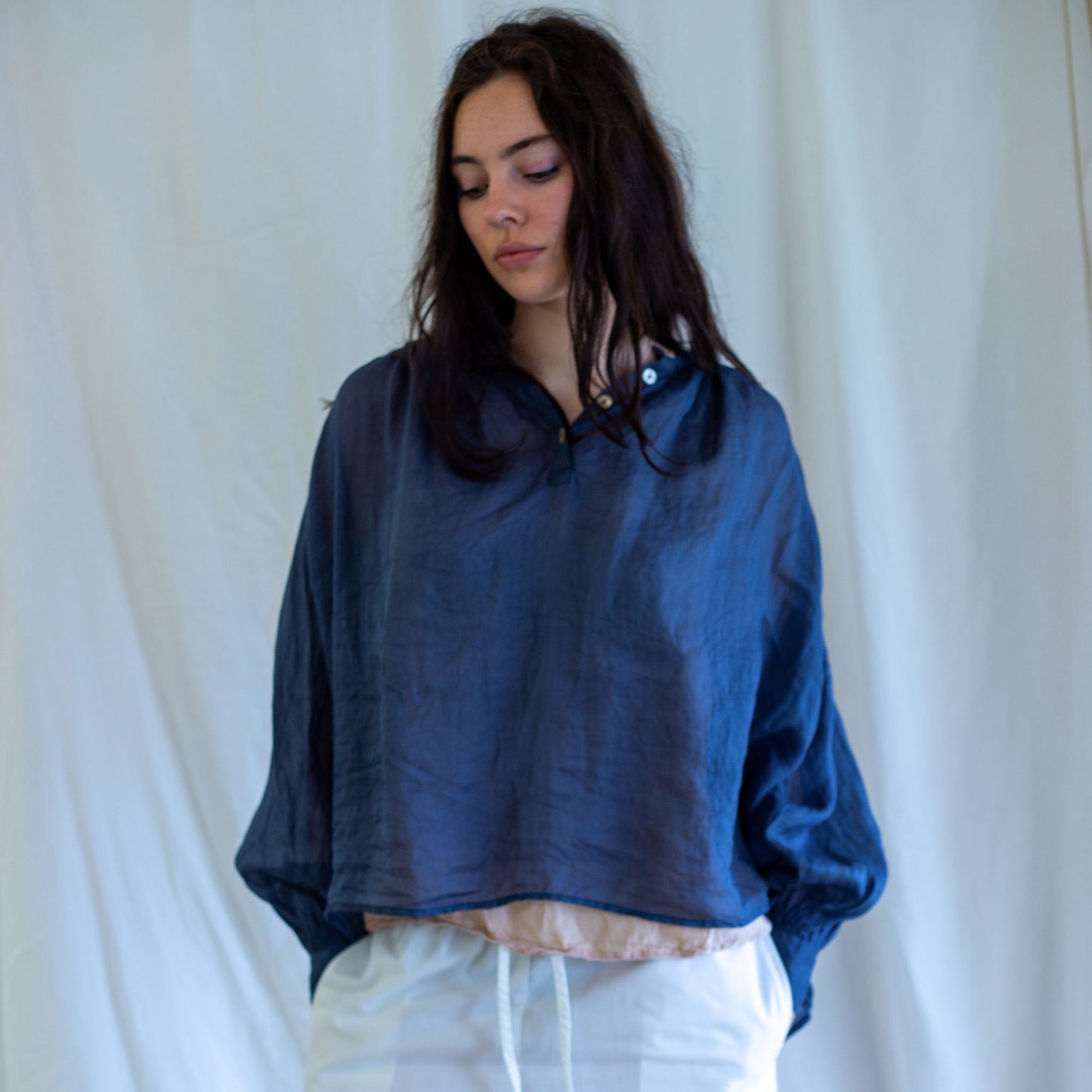 Mila Navy Linen Silk Smock Top