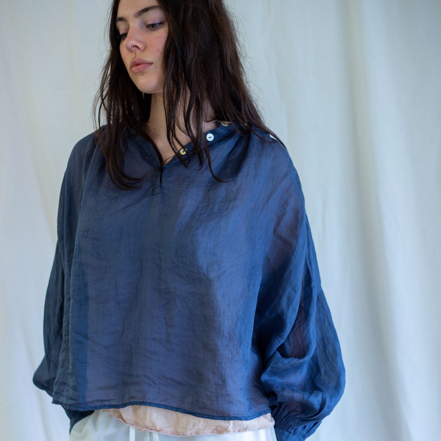 Mila Navy Linen Silk Smock Top