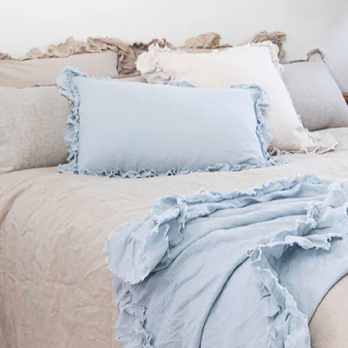 Isle Ruffled Duck Egg Linen Lumbar Cushion
