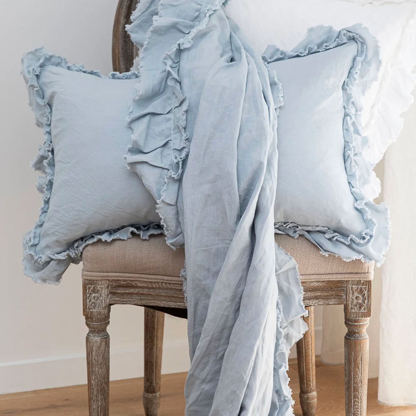 Isle Ruffled Duck Egg Linen Lumbar Cushion