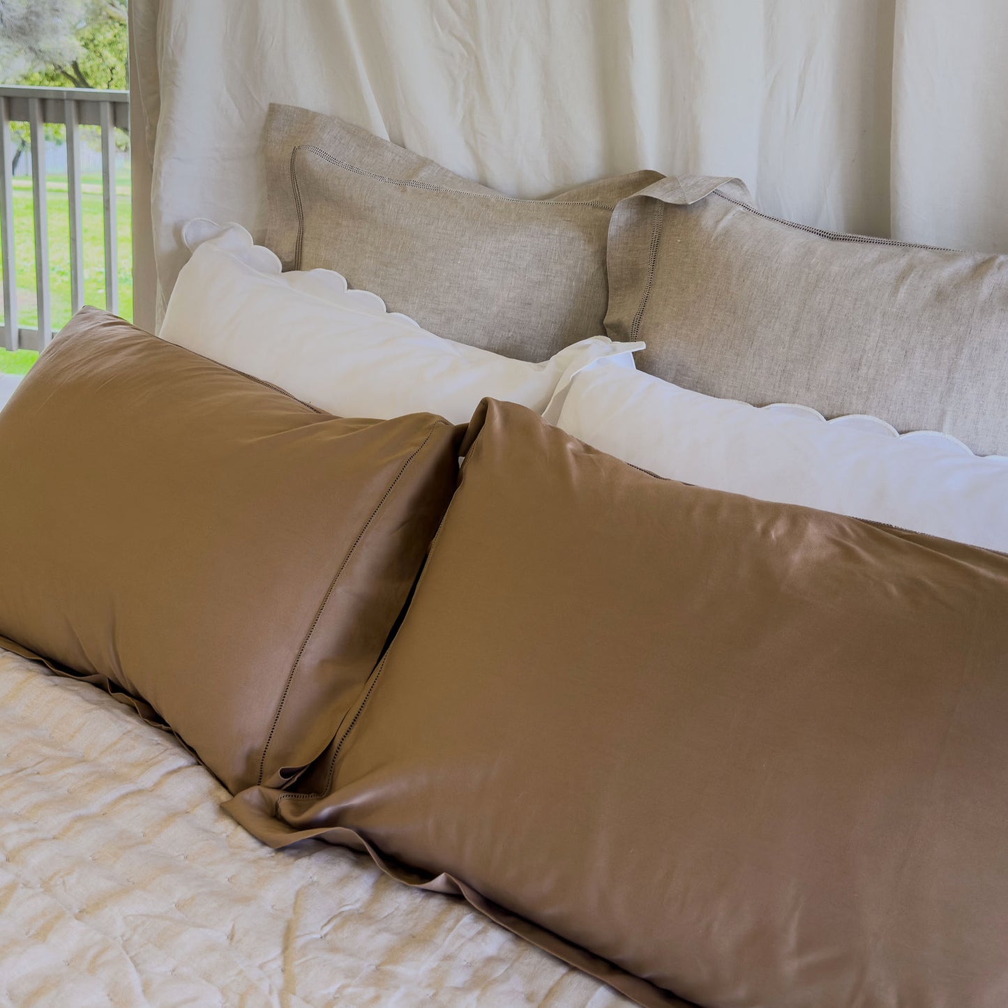 Belle Hemstitched Bronze 600TC Cotton Sateen Pillowcases
