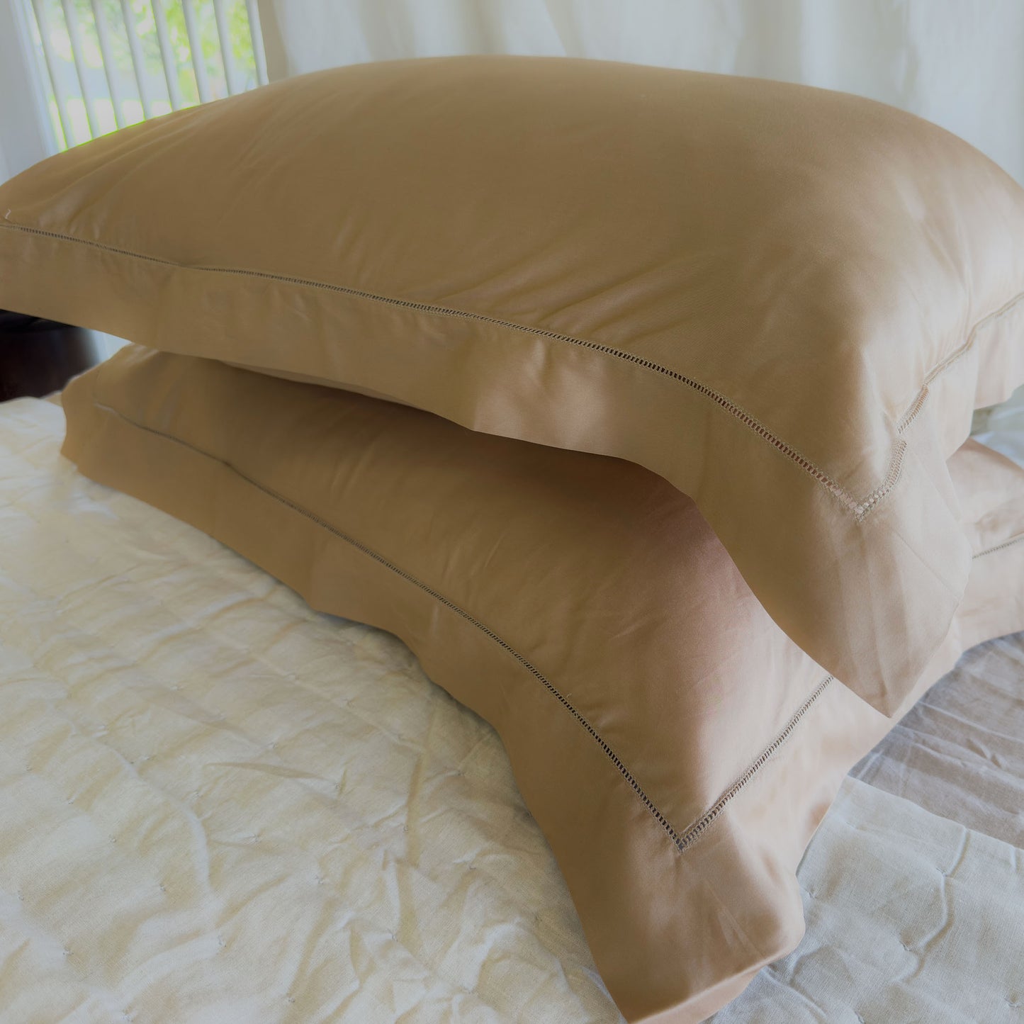 Belle Hemstitched Bronze 600TC Cotton Sateen Pillowcases