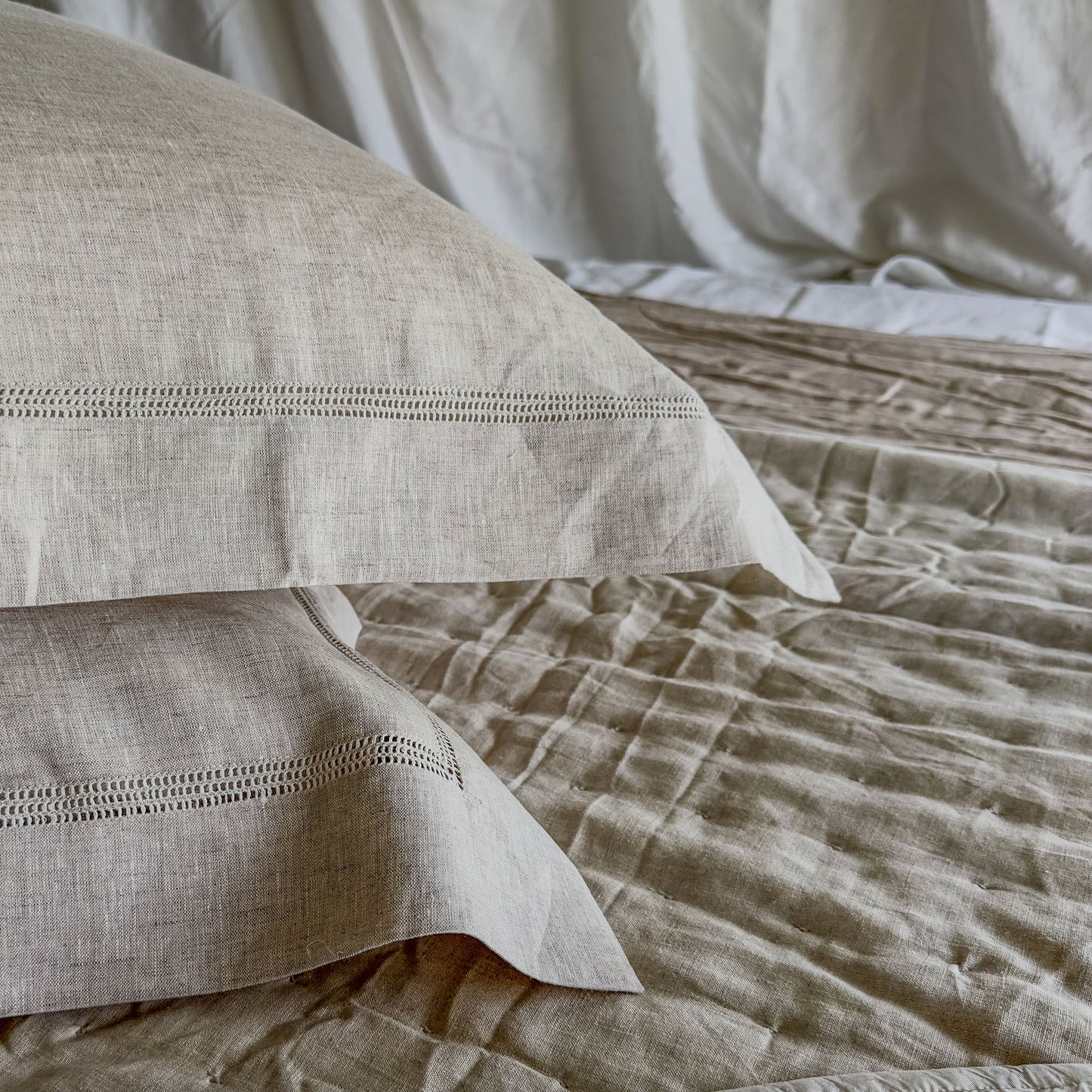 Bask Hemstitched Natural Linen Euro Covers