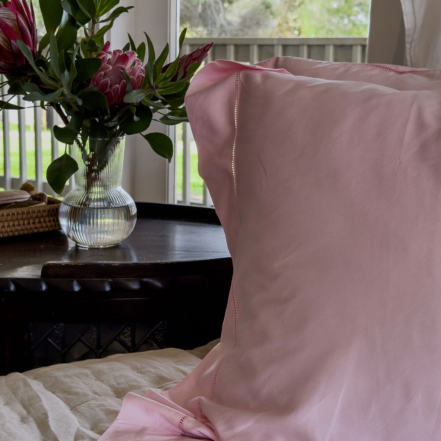 Belle Hemstitched Shell Pink 600TC Cotton Sateen Pillowcases
