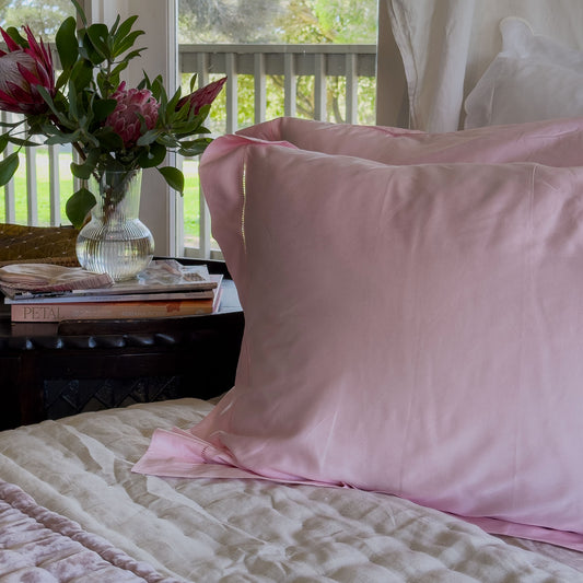 Belle Hemstitched Shell Pink 600TC Cotton Sateen Pillowcases