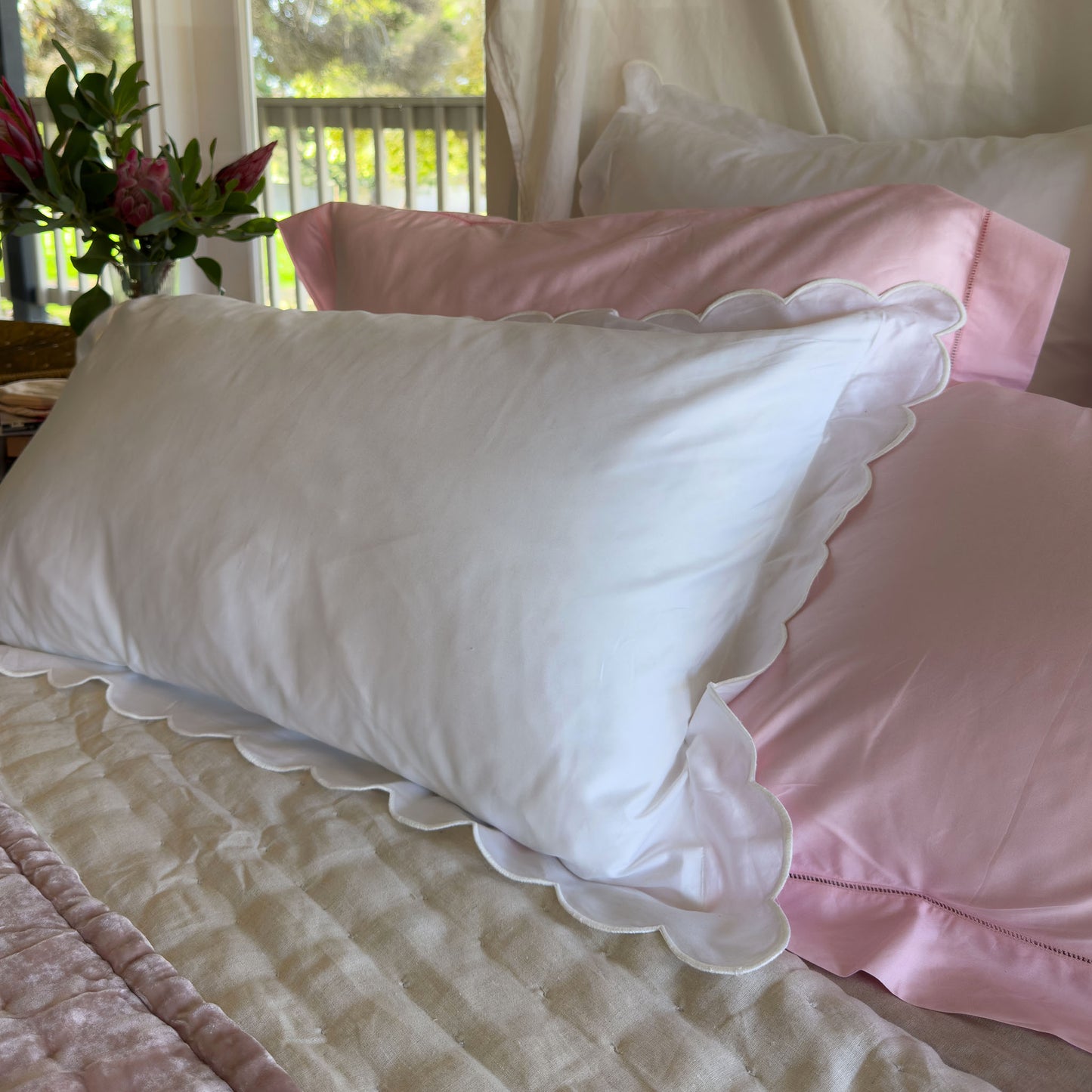 Belle Hemstitched Shell Pink 600TC Cotton Sateen Pillowcases