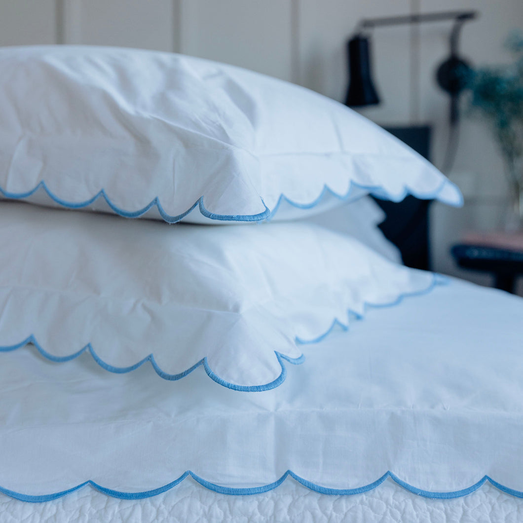 Scalloped Edge Cotton Pillowcases - Blue