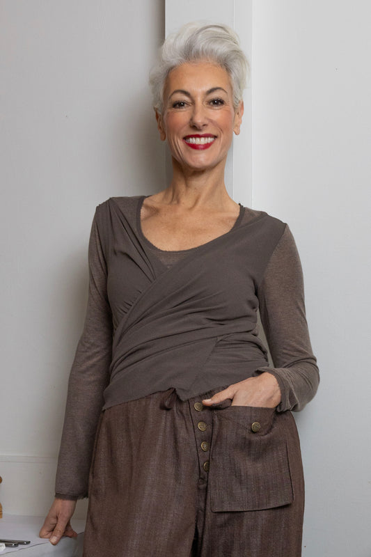 M.A. Dainty Twisted Chocolate Mousse Silk Top