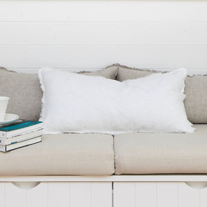Long Frayed Linen Lumbar Cushion - White