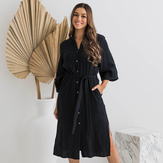 Isabella Balloon Sleeve Black Cotton Dress