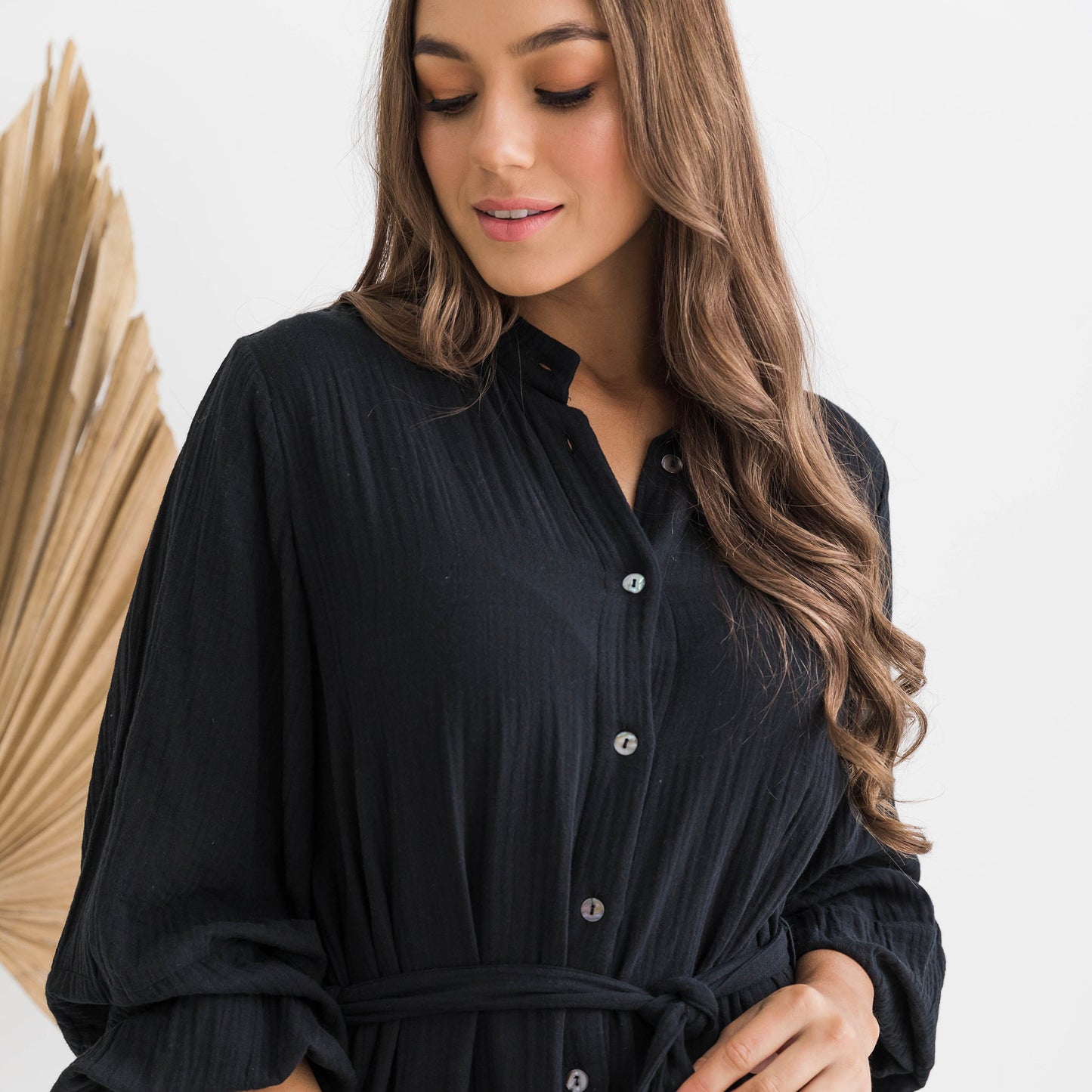 Isabella Balloon Sleeve Black Cotton Dress