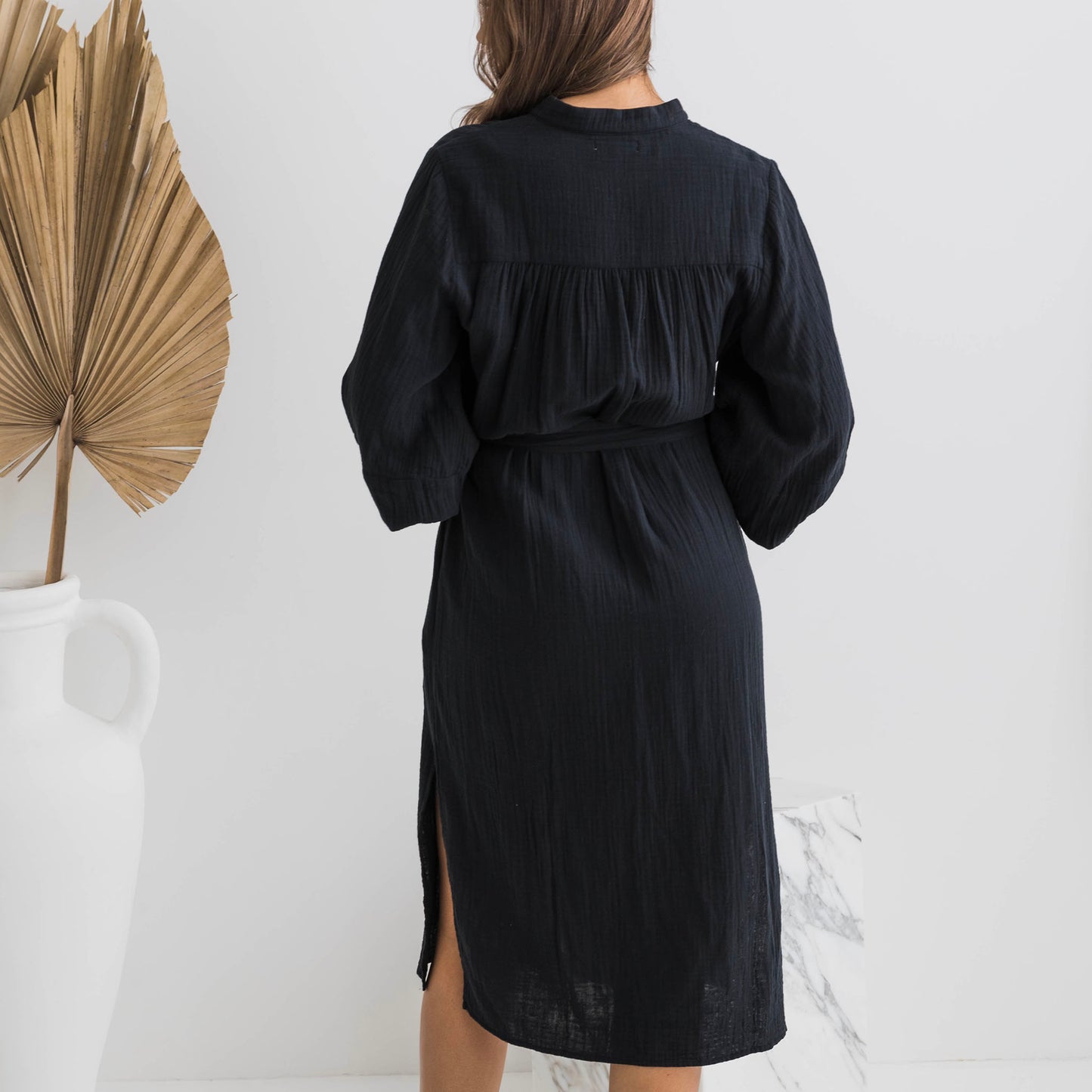 Isabella Balloon Sleeve Black Cotton Dress