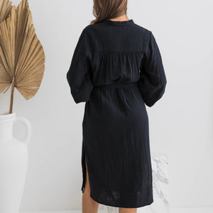 Isabella Balloon Sleeve Cotton Dress - Black