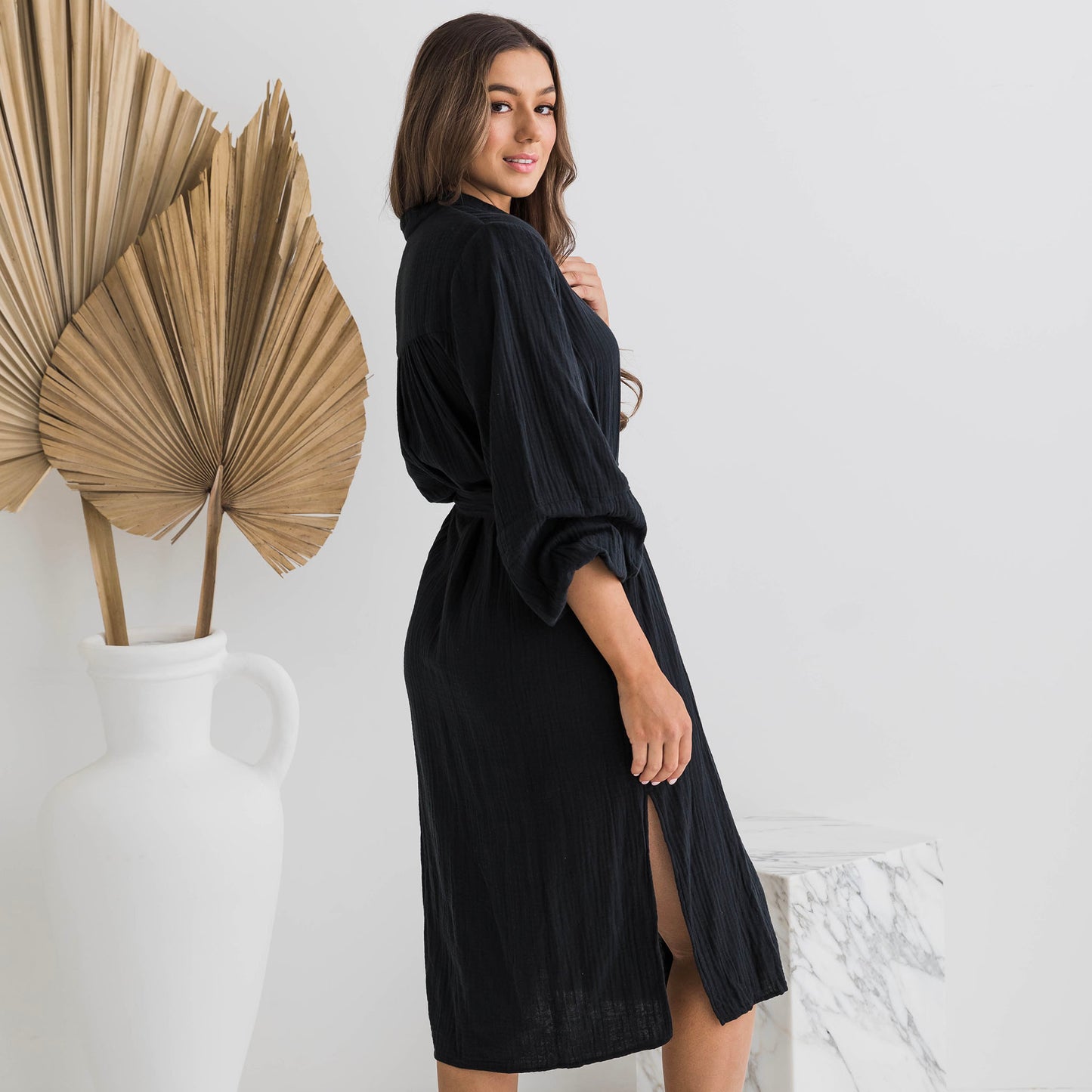 Isabella Balloon Sleeve Black Cotton Dress
