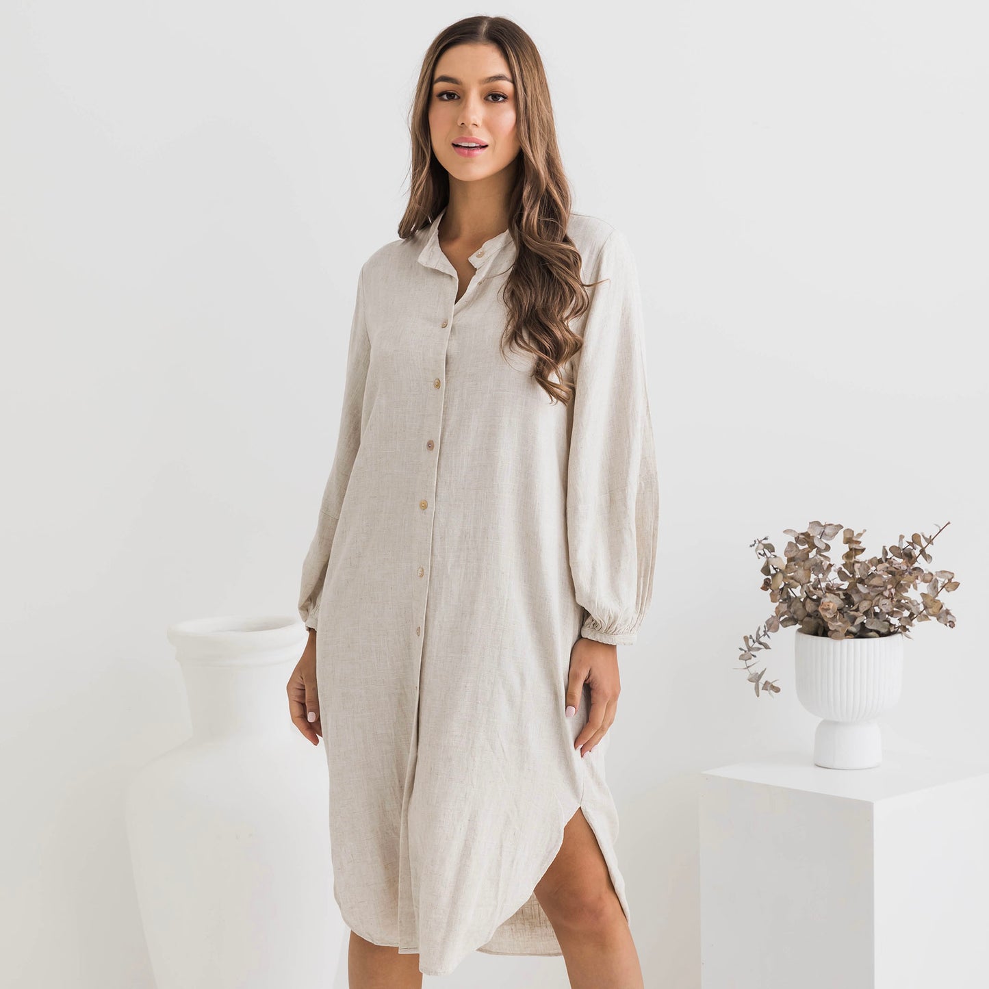 Isabella Balloon Sleeve Natural Linen Dress