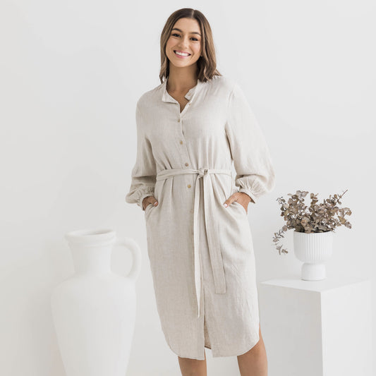 Isabella Balloon Sleeve Natural Linen Dress