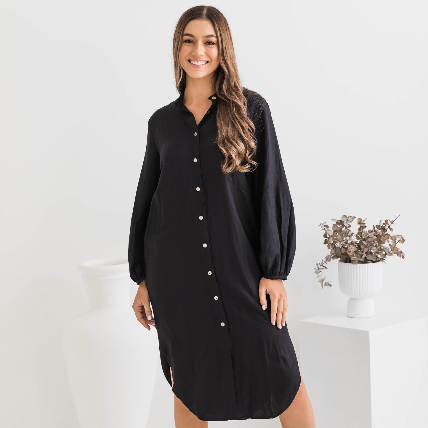 Isabella Balloon Sleeve Black Linen Dress