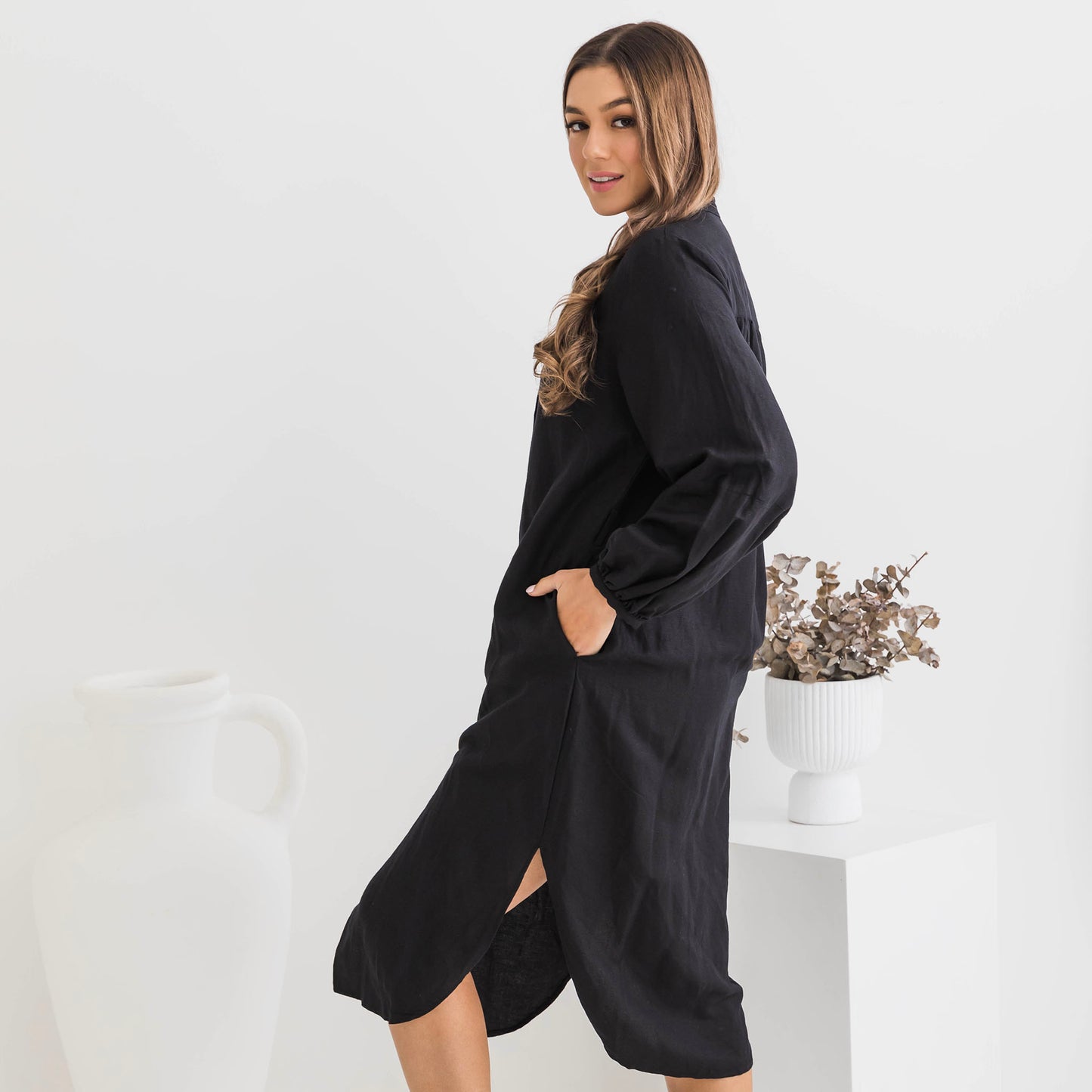Isabella Balloon Sleeve Black Linen Dress