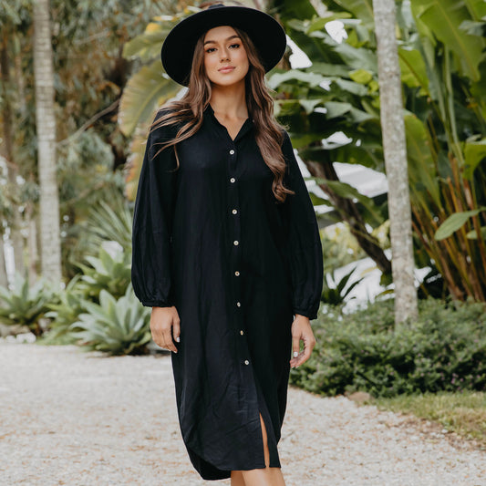 Isabella Balloon Sleeve Black Linen Dress