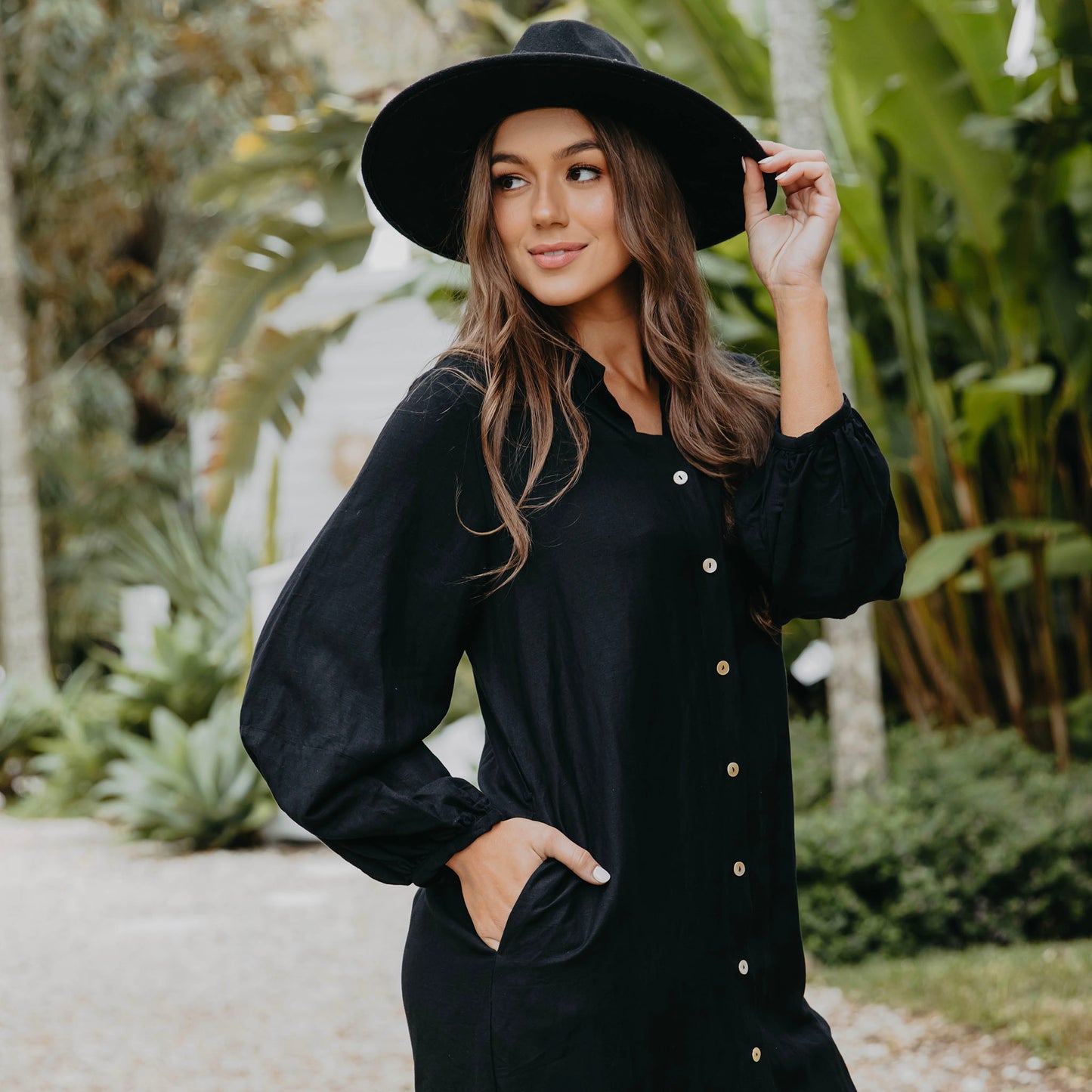 Isabella Balloon Sleeve Black Linen Dress