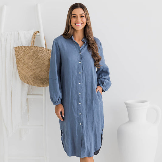 Isabella Balloon Sleeve Blue Linen Dress