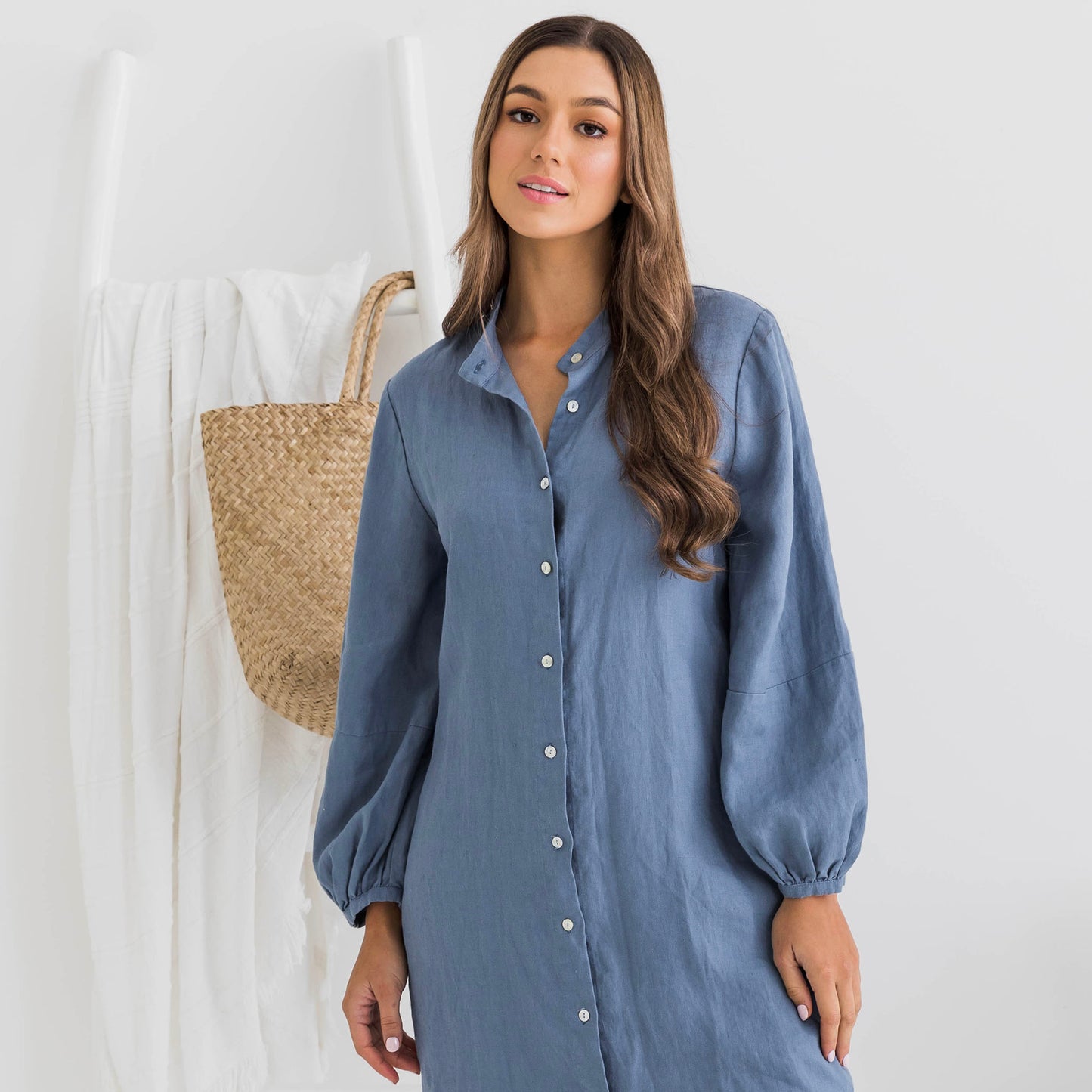 Isabella Balloon Sleeve Blue Linen Dress