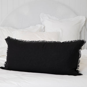 Long Frayed Linen Lumbar Cushion - Black